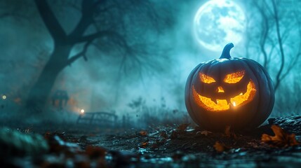 Naklejka premium Spooky Halloween Pumpkin in Moonlit Night,A carved Halloween pumpkin glows ominously under a full moon amidst a misty, eerie autumn night.