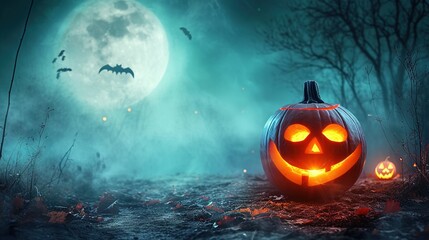 Spooky Halloween Pumpkin in Moonlit Night,A carved Halloween pumpkin glows ominously under a full moon amidst a misty, eerie autumn night.