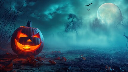 Spooky Halloween Pumpkin in Moonlit Night,A carved Halloween pumpkin glows ominously under a full moon amidst a misty, eerie autumn night.