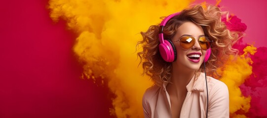 Woman is wearing yellow headphones with a pink and yellowbackground