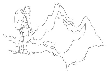 Tourist with a backpack against the background of mountains. High mountain peak. Climber at the foot of the mountain. One continuous line drawing. Linear. Hand drawn, white background. One line