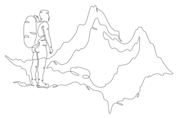 Tourist with a backpack against the background of mountains. High mountain peak. Climber at the foot of the mountain. One continuous line drawing. Linear. Hand drawn, white background. One line