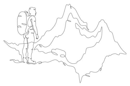 Tourist with a backpack against the background of mountains. High mountain peak. Climber at the foot of the mountain. One continuous line drawing. Linear. Hand drawn, white background. One line - Powered by Adobe