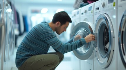 Young man who looks tired or serious putting dirty clothes in a washing machine, dry cleaner's shop or laundromat, client doing his laundry in the supermarket white goods, household appliances section