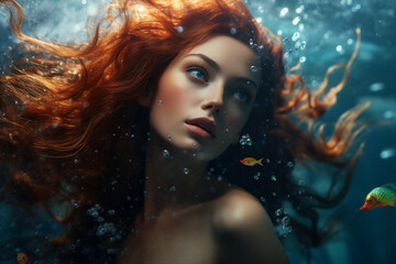 Generative ai creative collage of aquatic humanoid creature mermaid swimming underwater