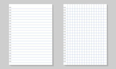 Set of illustration of blank sheets of square and lined paper .Realistic lined notepapers. 