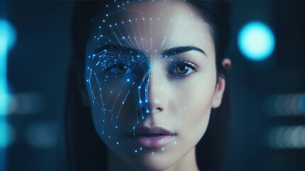 Face recognition technology scanning young businesswoman face biometric authentication, women scans Face ID for verified identities - obrazy, fototapety, plakaty