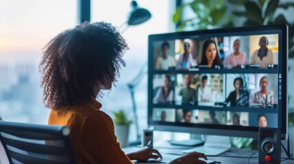 Woman talking to colleague team in video conference on computer, meeting online