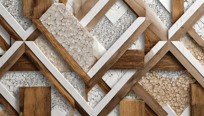Fototapeta na wymiar A modern 3D wallpaper featuring an imitation of a decorative mosaic, skillfully combining white and brown details with wooden decor elements, resulting in a contemporary and inviting visual masterpiec