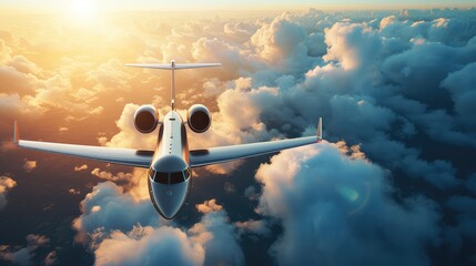 Business jet flying above clouds in dramatic sunset light. A sleek silhouette defying gravity.