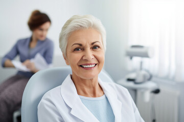 Obraz premium Portrait of a mature lady smiling in the dentists office generative AI image