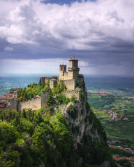 Fototapeta na wymiar San Marino, Guaita tower on the Titano mount and view of Romagna