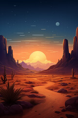 Mountain and Desert Sunset with Vibrant Sky and Silhouetted Landscape in Warm Orange and Red Hues