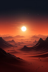 Fototapeta na wymiar Mountain and Desert Sunset with Vibrant Sky and Silhouetted Landscape in Warm Orange and Red Hues