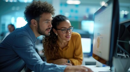 Teamwork. Businesswoman explaining male colleague over computer at office.