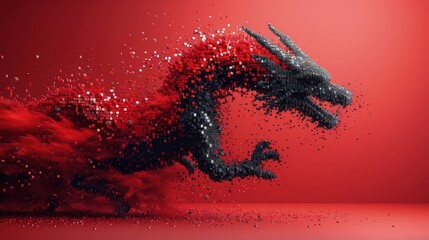 red and black flying blocks transform into a dragon