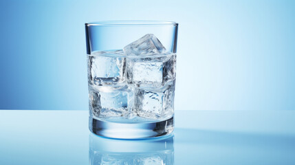 Glass of water with ice on the blue background. 