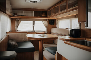 Front view of interior wooden caravan 