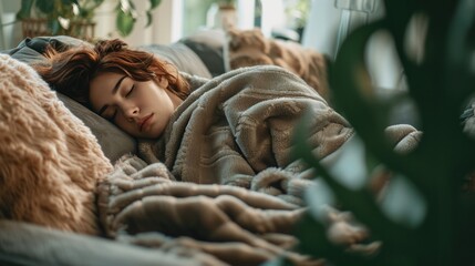 Sick woman takes a nap while lying on a sofa covered with a blanket. - obrazy, fototapety, plakaty