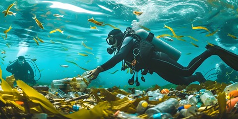 Underwater view of scuba diver swimming in the ocean and collecting plastic garbage.