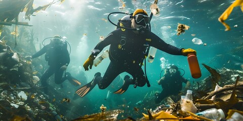Scuba diver swimming underwater in the deep blue ocean with lots of floating plastic garbage.