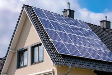 Fototapeta premium Photovoltaic solar panels in modern house roof. Alternative and Renewable energy concept.