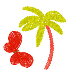 Botanical and bird elements made in sequins, toucan, coconut tree, flowers, leaves.