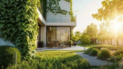 Maison écologique avec jardin dans une banlieue moderne lors d'une journée ensoleillée. Concept écologique.  - obrazy, fototapety, plakaty