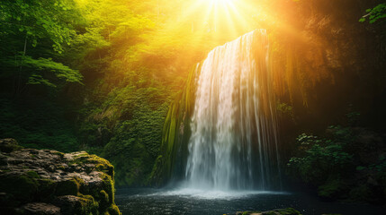 A majestic waterfall in the middle of a serene forest with brilliant sunlight creates a mystical aura