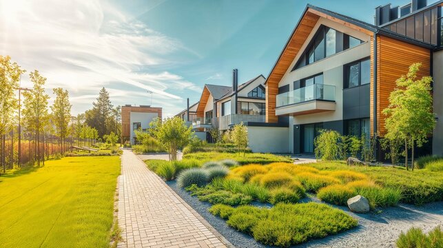 Maison &eacute;cologique avec jardin dans une banlieue moderne lors d'une journ&eacute;e ensoleill&eacute;e. Concept &eacute;cologique. 