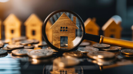 Concept de recherche de maison avec loupe. Choix d'un bien immobilier à acheter et à investir. 