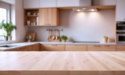 Empty wooden table top in defocused modern kitchen interior with copy space
