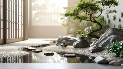 japanese garden with waterfall, Peaceful Zen Garden: Transform your space into a tranquil oasis with this image capturing a Zen-inspired indoor garden, complete with carefully placed rocks, bonsai tre - obrazy, fototapety, plakaty
