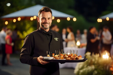Elegant waiter with a tray with canapes at a cocktail party - obrazy, fototapety, plakaty