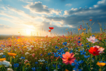 poppy field with sky, beautiful flower field