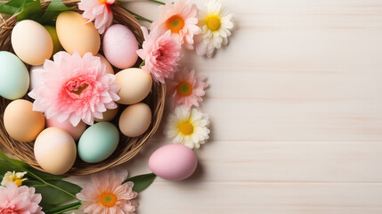 easter eggs and flowers, postcard background for product