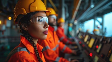 An offshore oil rig where a team of male and female workers, representing a range of ethnicities, are engaged in a strategic planning session inside the control room