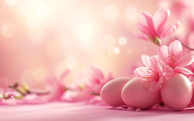Fototapeta na wymiar Easter eggs and spring flowers composition with pastel pink background