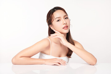Fototapeta premium Beautiful young asian woman with clean fresh skin on white background, Face care, Facial treatment, Cosmetology, beauty and spa, Asian women portrait.