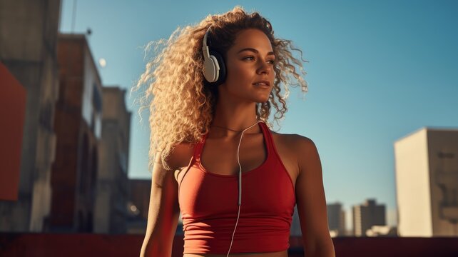 a caucasian sports woman in vibrant athletic attire white, donning headphones as she joyfully listens to music while engaging in an outdoor workout