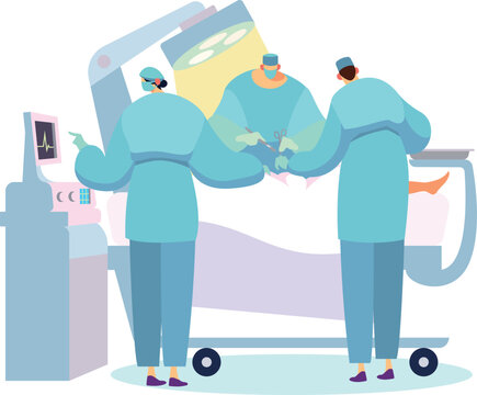 Surgeons performing surgery, intense medical operation scene with doctors in scrubs. Surgery in progress, medical staff working in operating room with equipment. Medical team conducts operation