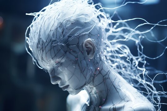 fantasy futuristic cyborg portrait with implanted high tech wires