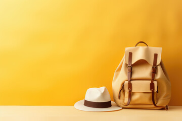 Straw hat, sunglasses, leather handbag. Trendy palm shadow and sunlight, sun. Minimal summer travel fashion composition