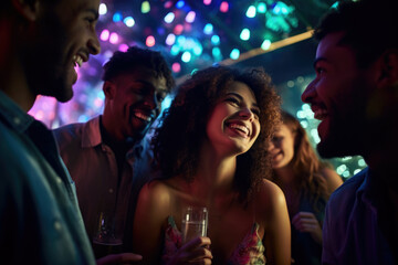 Portrait of cheerful girl with drink at party on background of her friends