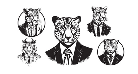 tiger wearing business suit, vintage logo style, animal wear clothes , wildlife animals great set collection clip art Silhouette , Black vector illustration on white background. - obrazy, fototapety, plakaty
