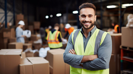 Cheerful young warehouse worker in protective vest - obrazy, fototapety, plakaty