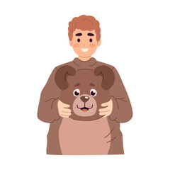 Waist-up portrait of a man in a cute bear costume, holding the costumes head in his hands.