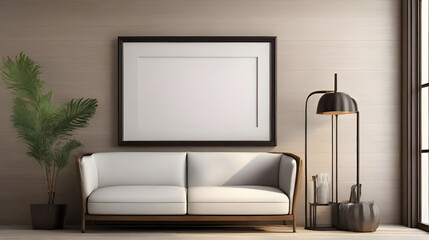 An empty picture frame is displayed in the living room.