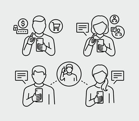 Person Using Mobile Phone Vector Line Icons
