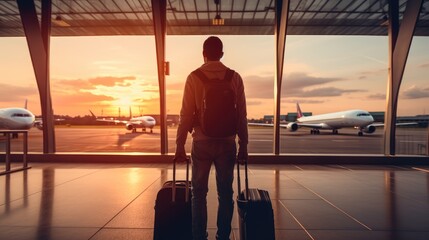 Tourist travel, Young man standing at departure hall to travel by international flight airplane alone at sunset, modern lifestyle , AI generated photo, copy space for text